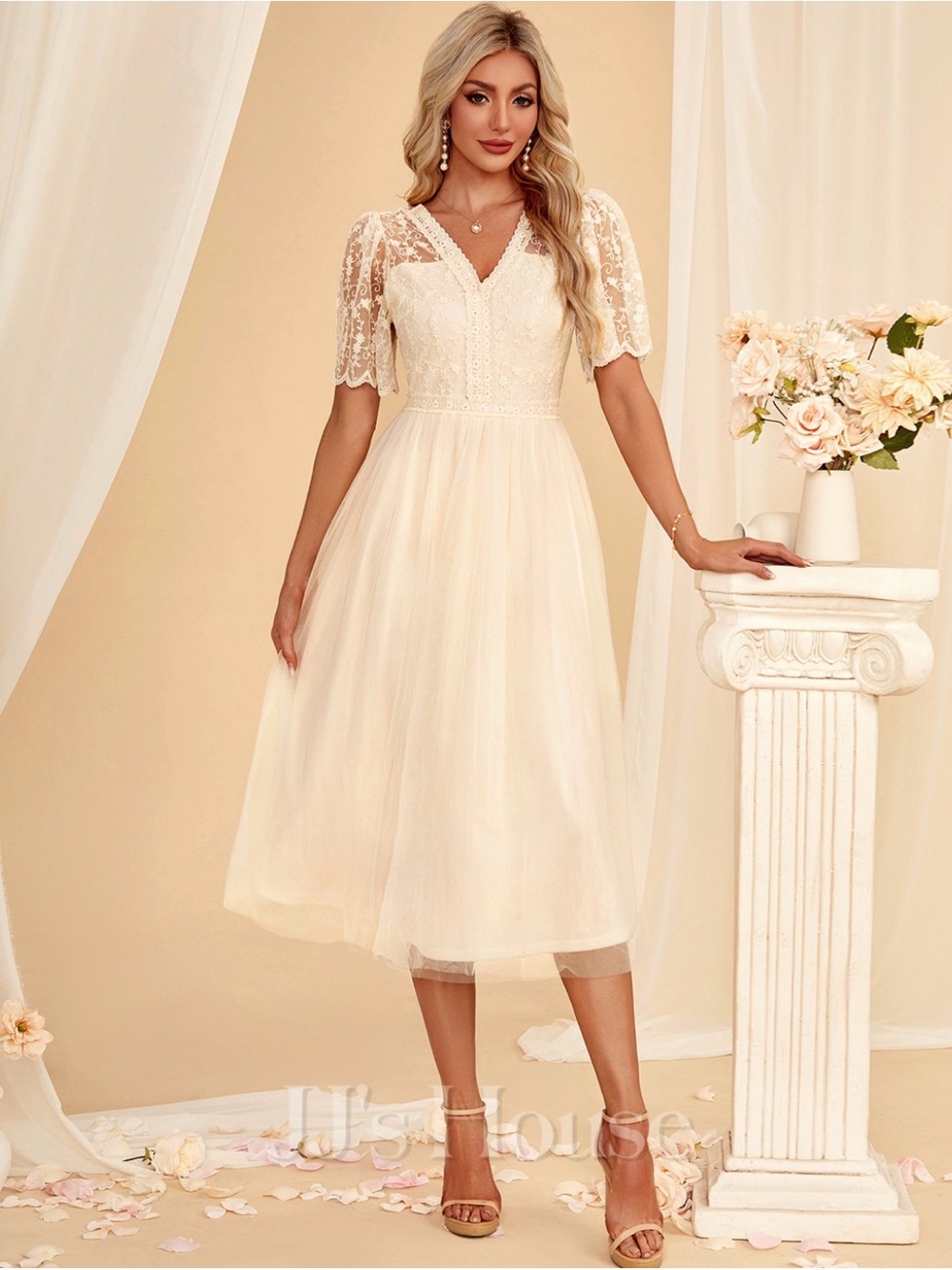 JJs House Ivory Lace V-Neck Midi Dress